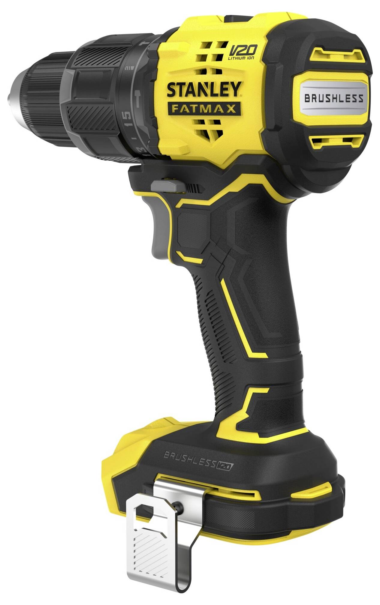 A yellow and black cordless drill labeled 'Stanley Fatmax V20' with a brushless motor. It features a belt clip at the base.