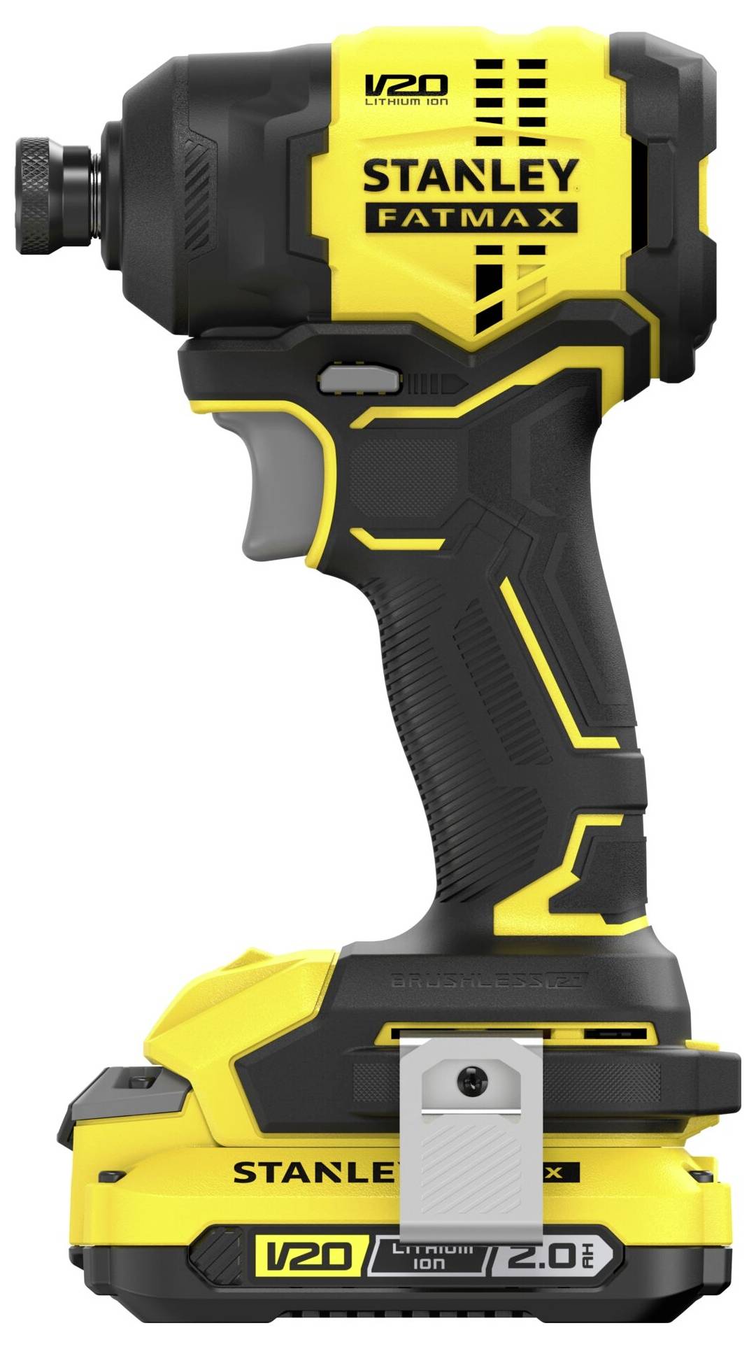 'Stanley Fatmax' cordless impact driver with a yellow and black design, showcasing its V20 lithium-ion battery below.