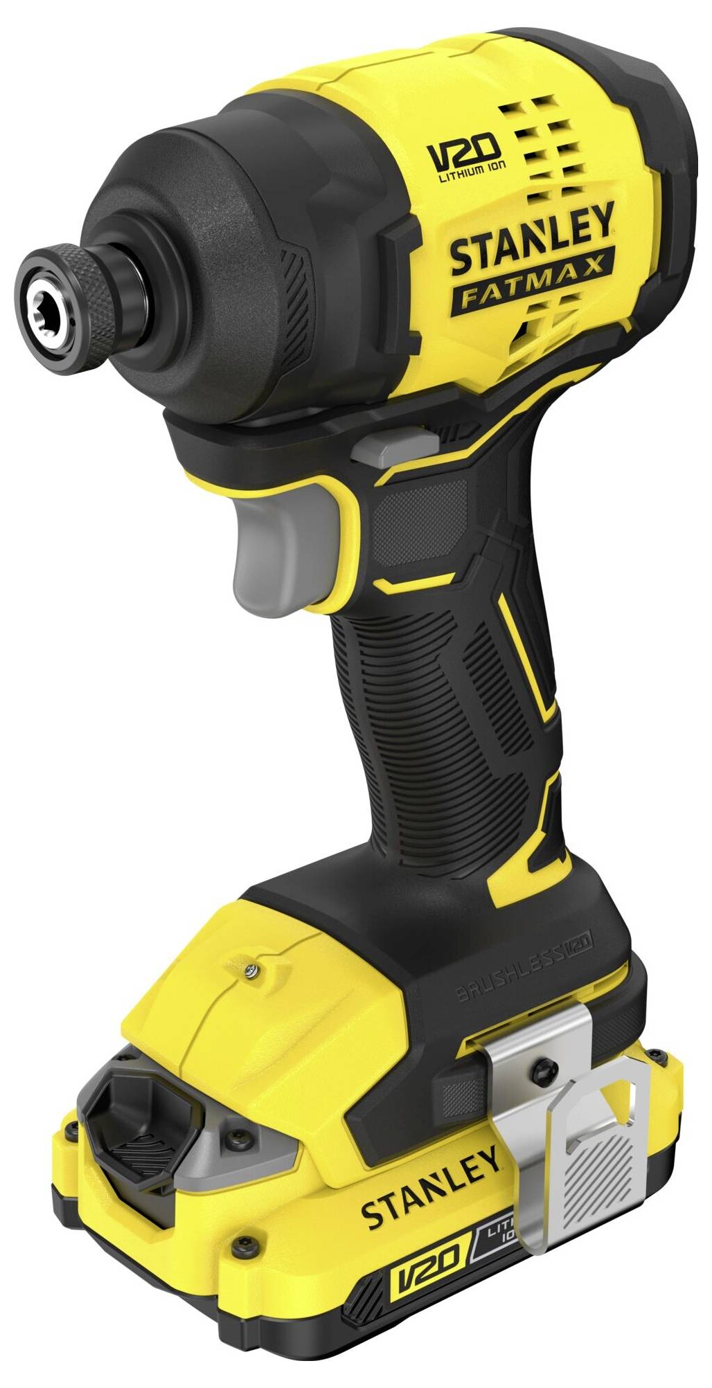 Cordless impact driver labeled 'V20 Stanley Fatmax', in yellow and black, featuring a compact design and ergonomic grip.