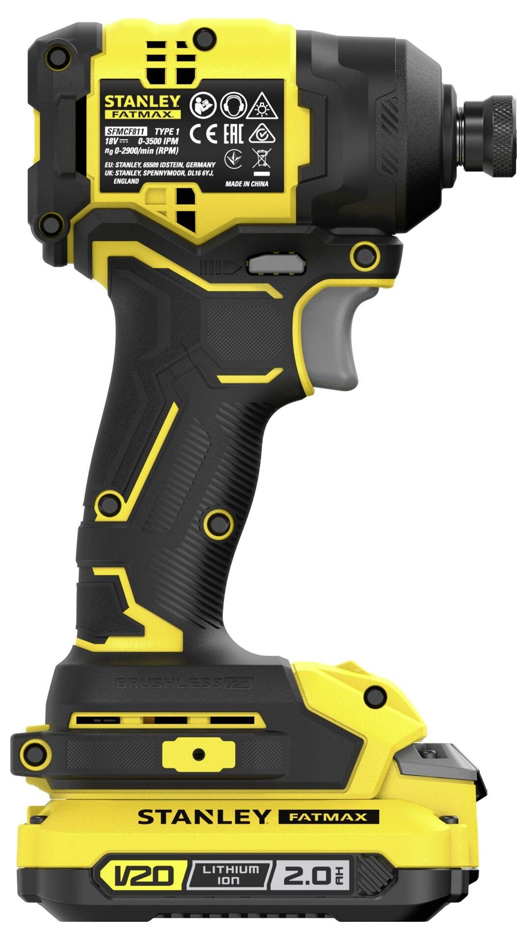 A yellow and black Stanley FatMax V20 lithium-ion cordless power drill with visible control buttons and a textured grip handle.