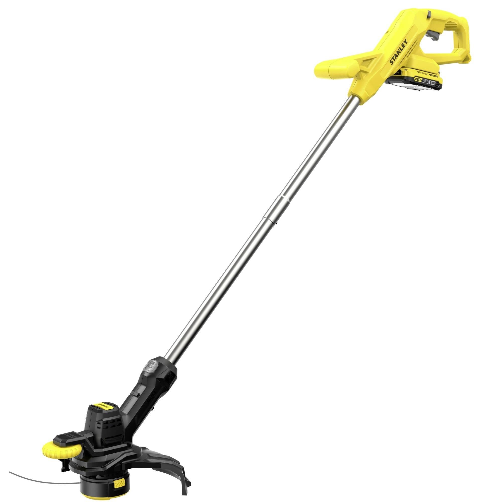 A yellow and black cordless electric string trimmer with a long metal shaft and ergonomic handle, designed for garden and lawn maintenance.