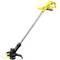 A yellow and black cordless electric string trimmer with a long metal shaft and ergonomic handle, designed for garden and lawn maintenance.