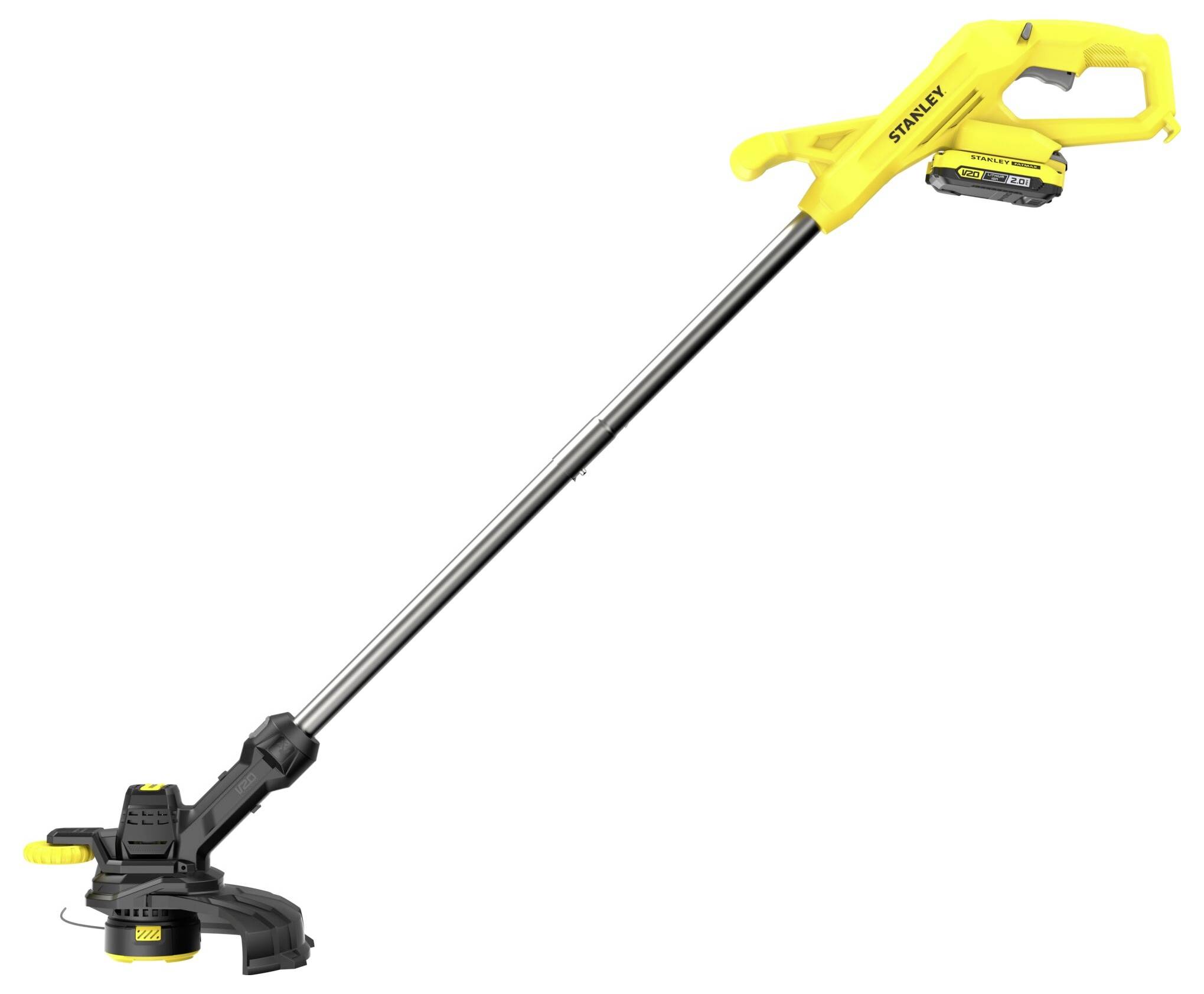 A yellow and black cordless grass trimmer with a long handle and battery pack, designed for trimming lawn edges.