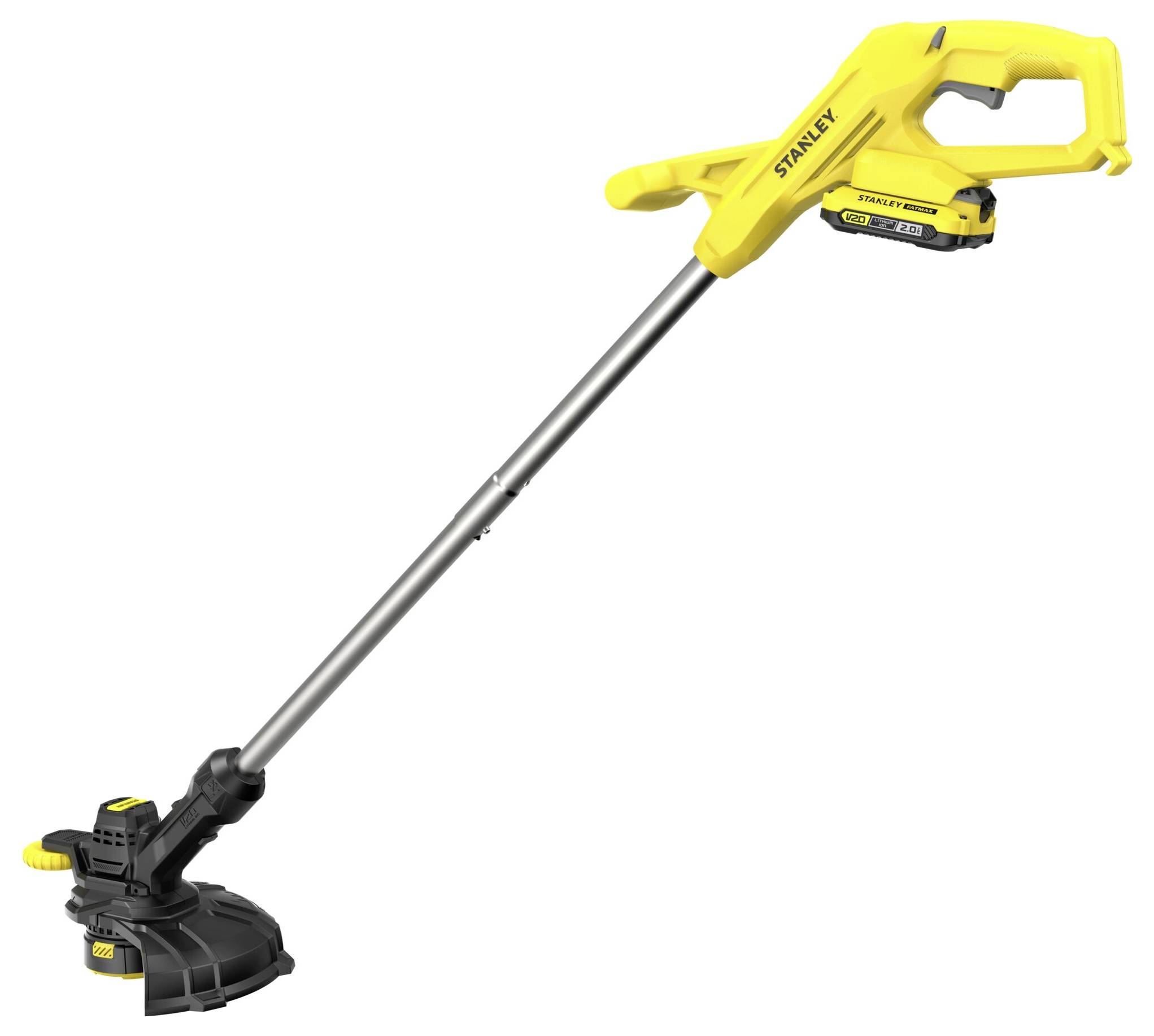 A yellow cordless string trimmer with a black trimming head, featuring the brand name on the handle and a battery pack near the grip.
