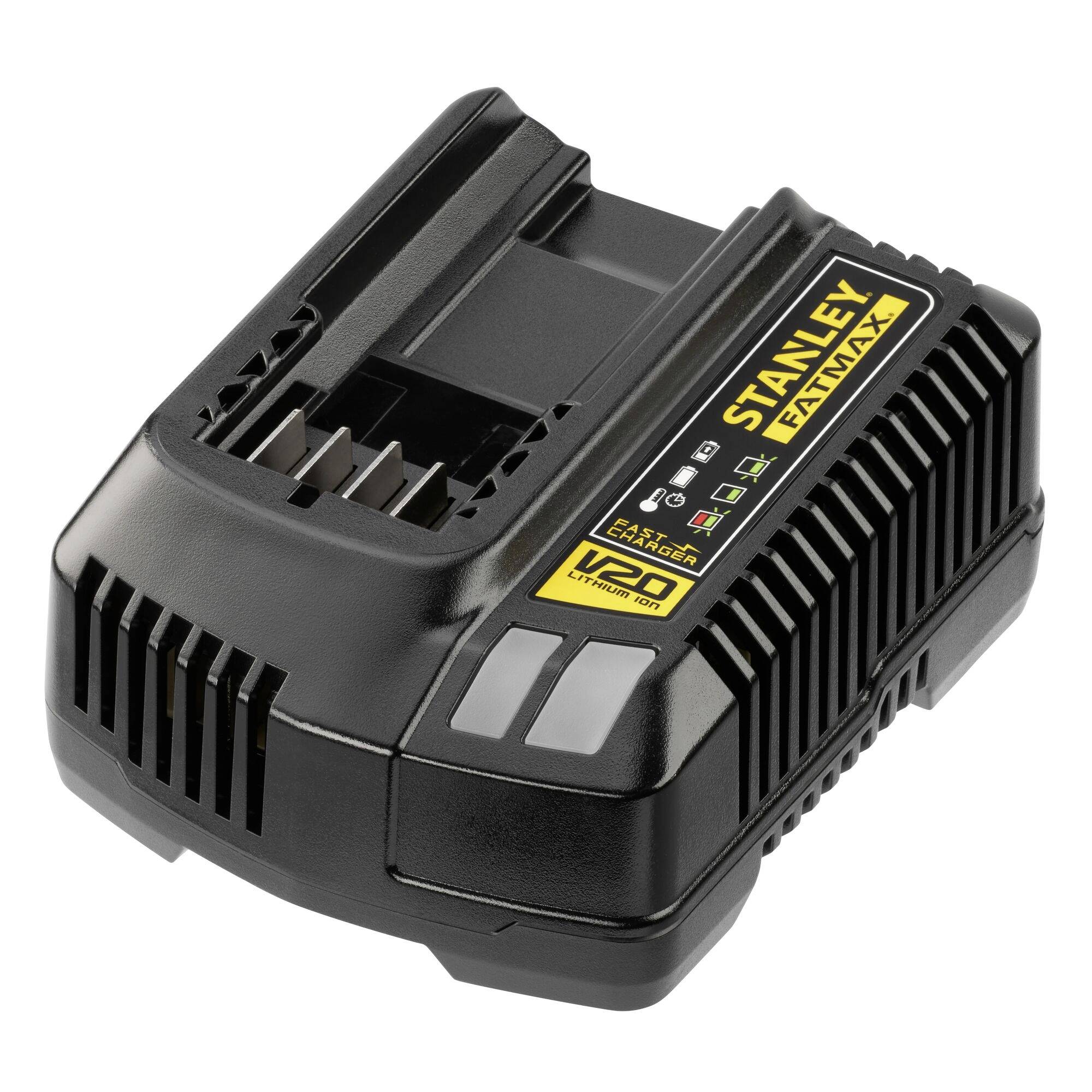 Stanley FatMax battery charger with '12V' and '20V' indicators, compatible with V20 Li-Ion batteries, featuring cooling vents.