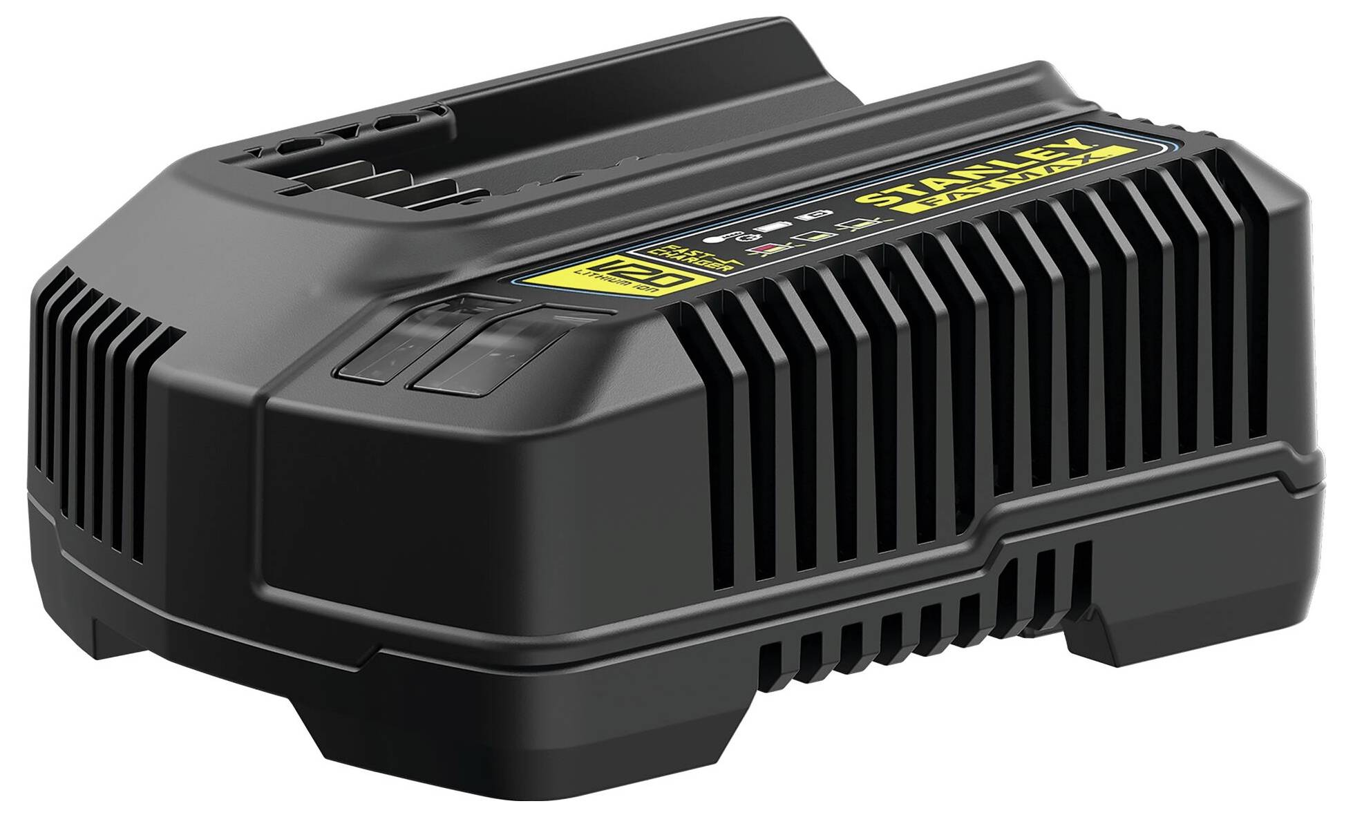 A black battery charger with a Stanley label and LED indicators, used for charging power tool batteries.