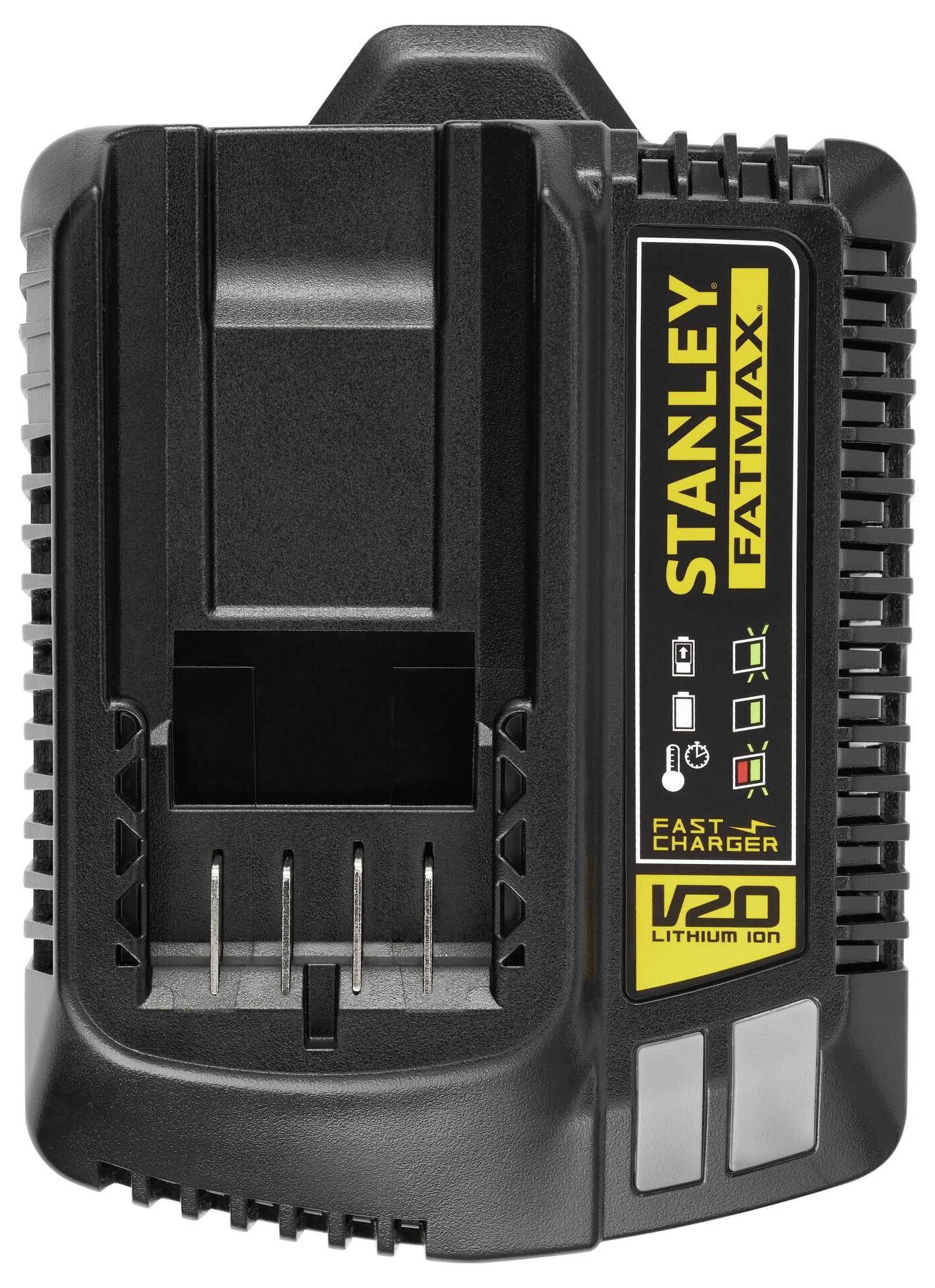 'STANLEY FATMAX' V20 lithium-ion battery charger with LEDs indicating charging status and a label for 'Fast Charger' on the front.