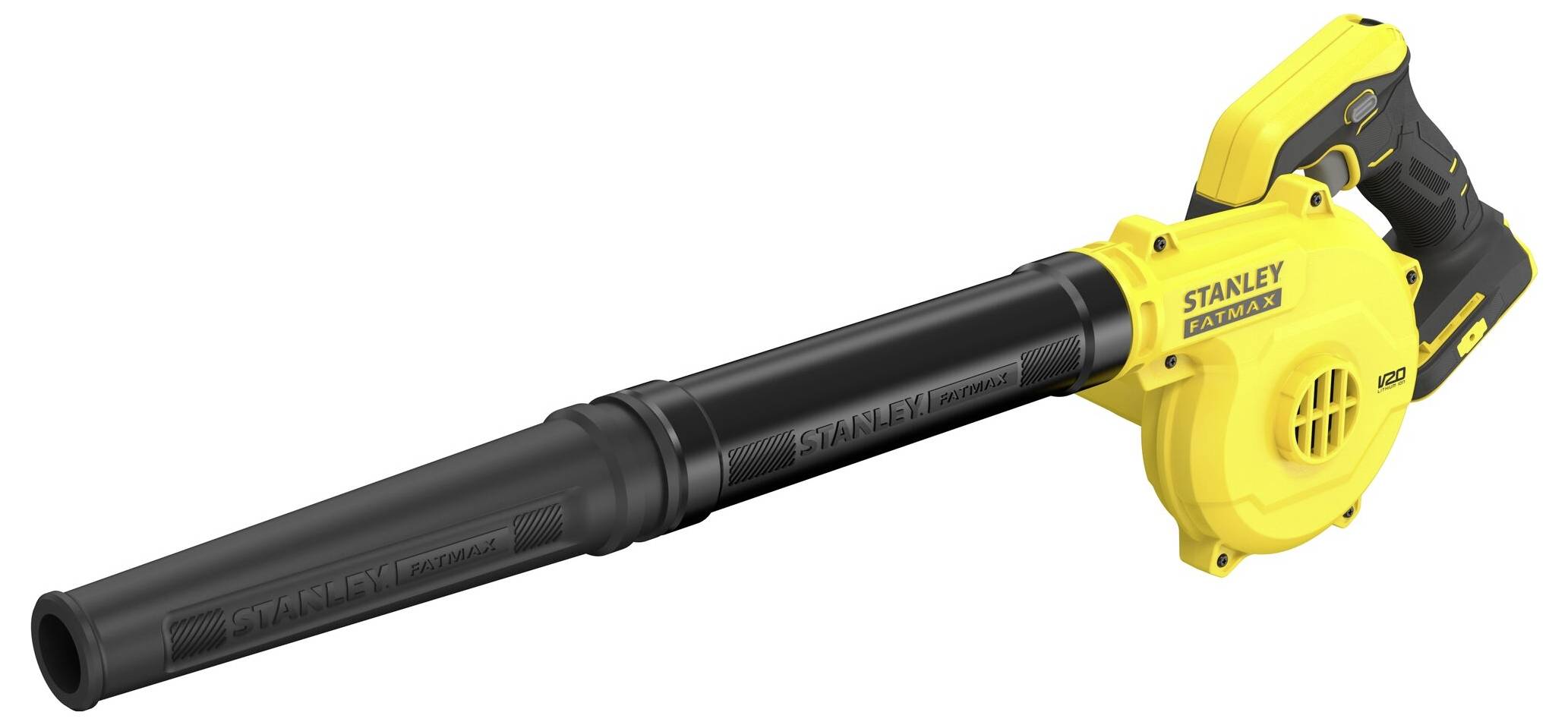 A yellow and black Stanley handheld leaf blower with a long nozzle designed for outdoor cleaning tasks.