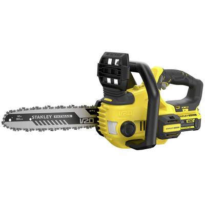 A yellow and black electric chainsaw labeled 'Stanley FatMax V20' with an ergonomic handle, battery compartment, and a 12-inch blade.