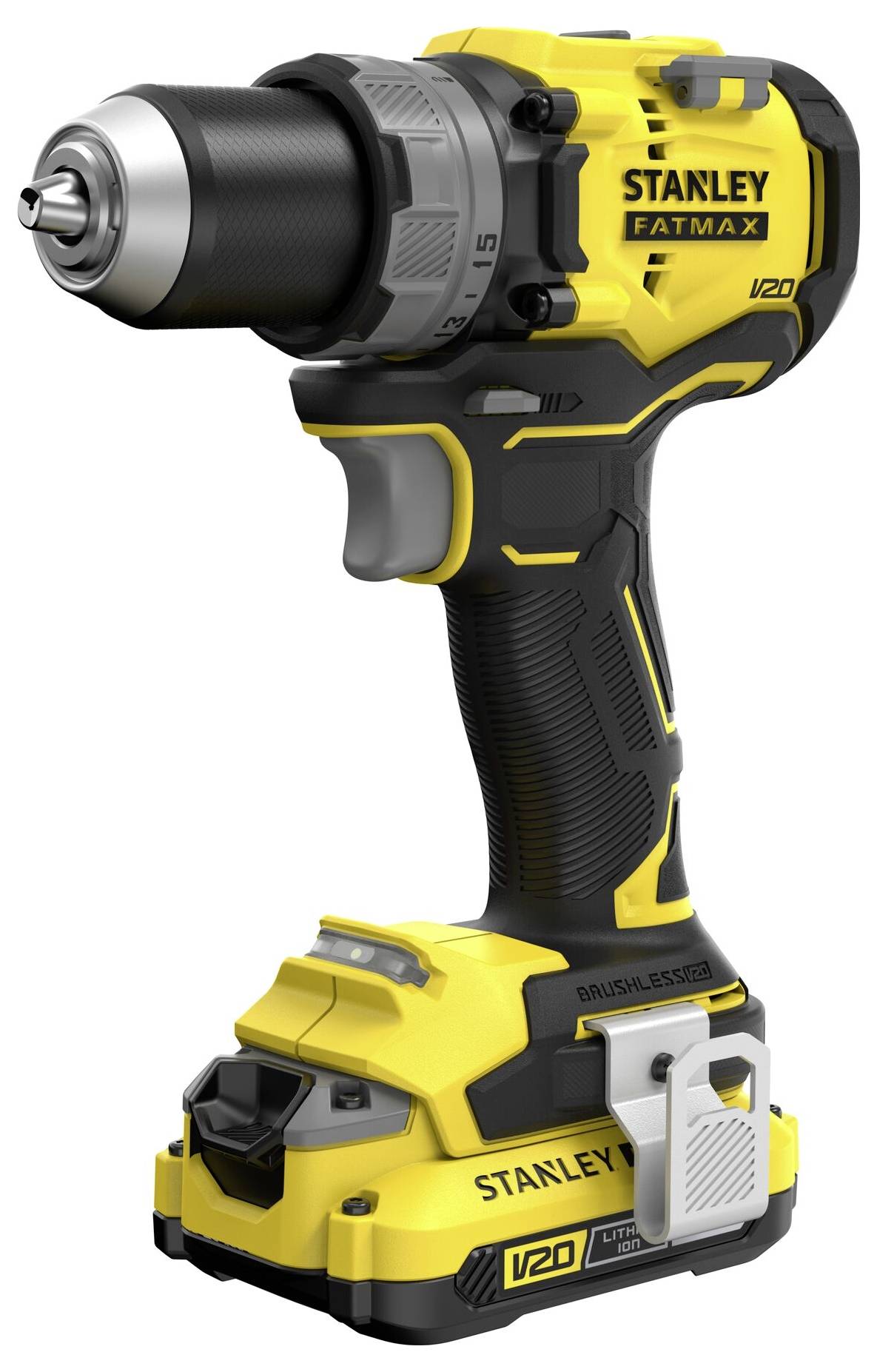 'Stanley Fatmax V20 cordless drill' in side view with ergonomic handle, yellow and black color scheme, and brushless motor label.