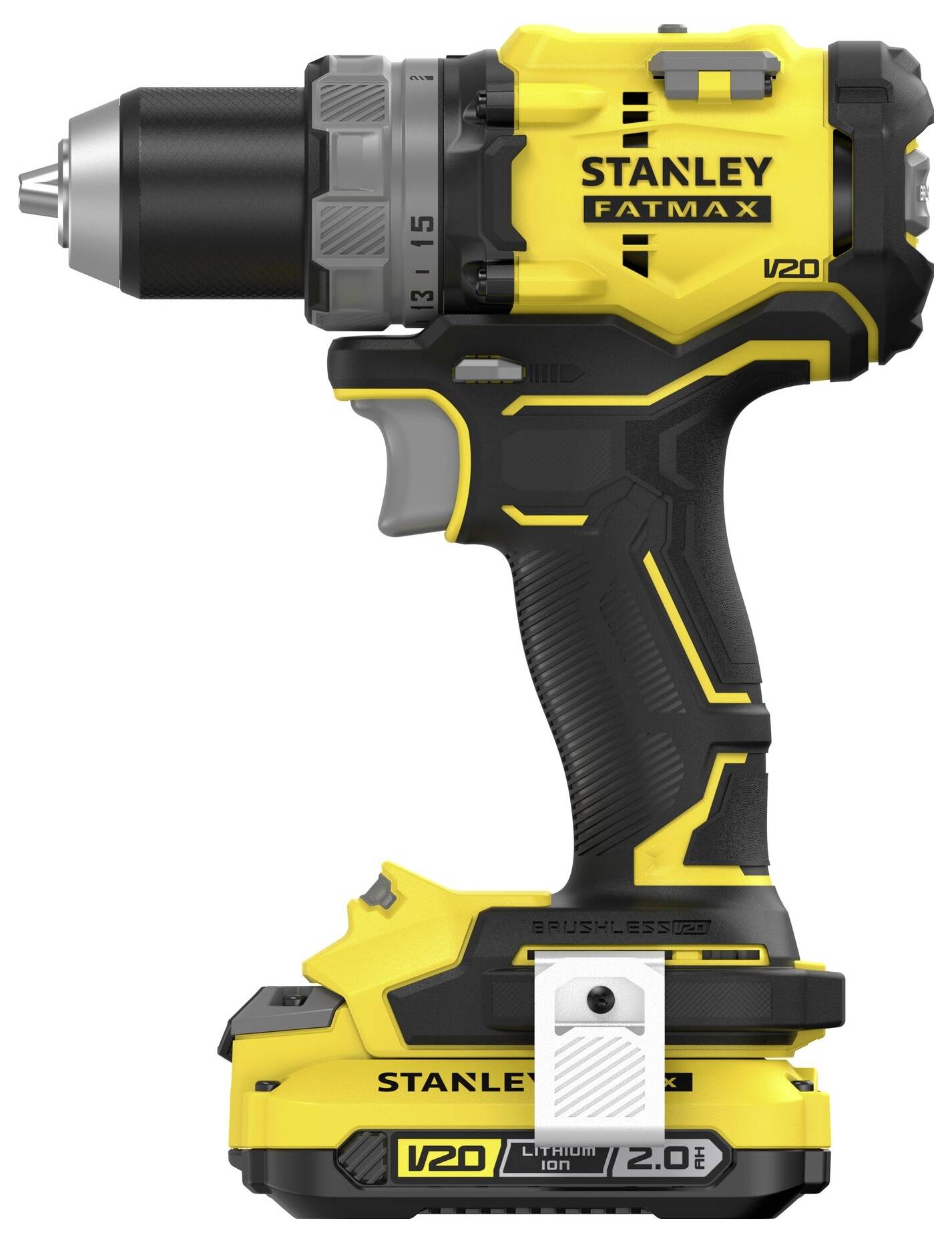 A cordless drill in yellow and black, labeled 'Stanley Fatmax V20', featuring a lithium-ion 2.0 battery pack at the base.