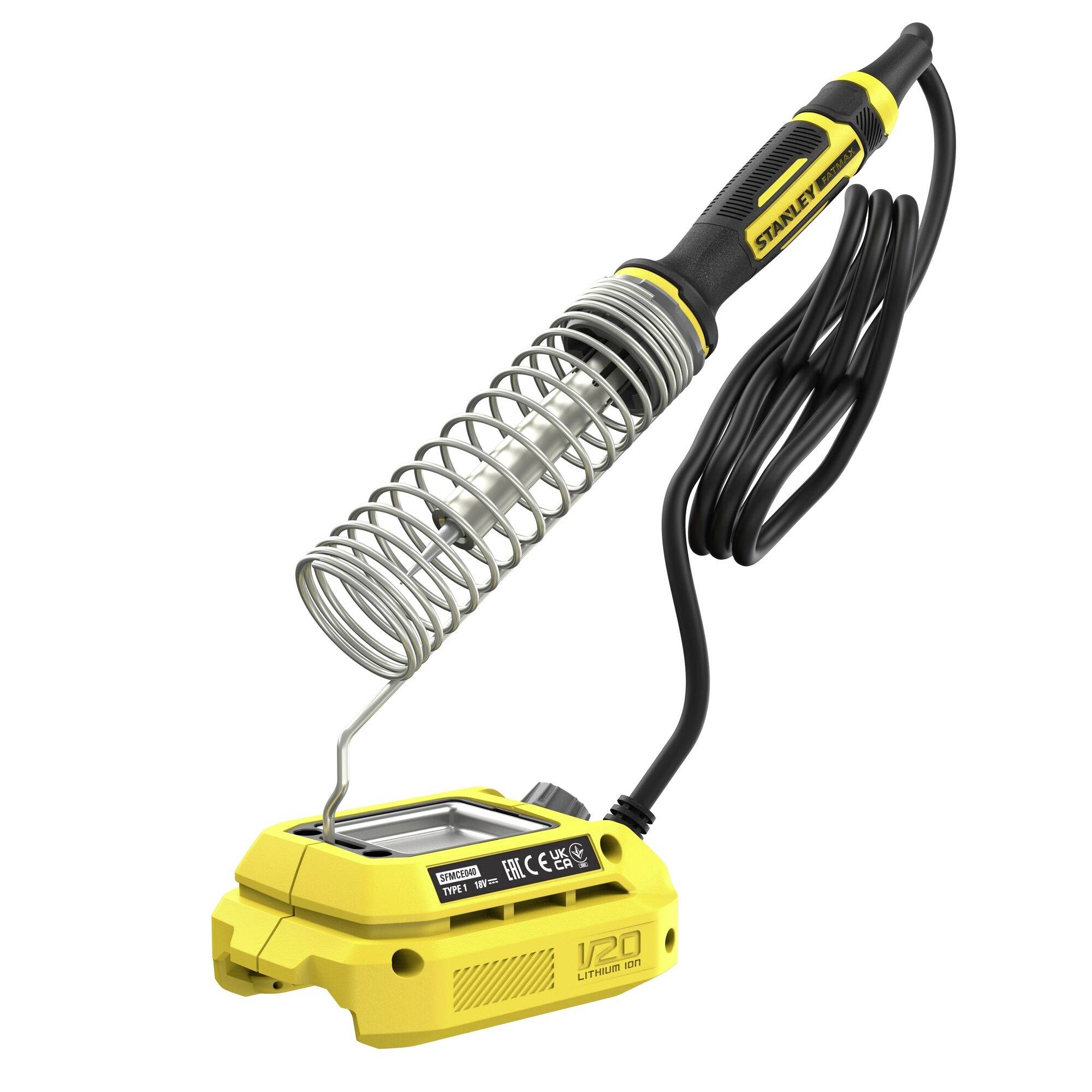 'Stanley V20 Lithium-ion' soldering iron with yellow and black design, featuring a coiled metal stand and attached power cord.