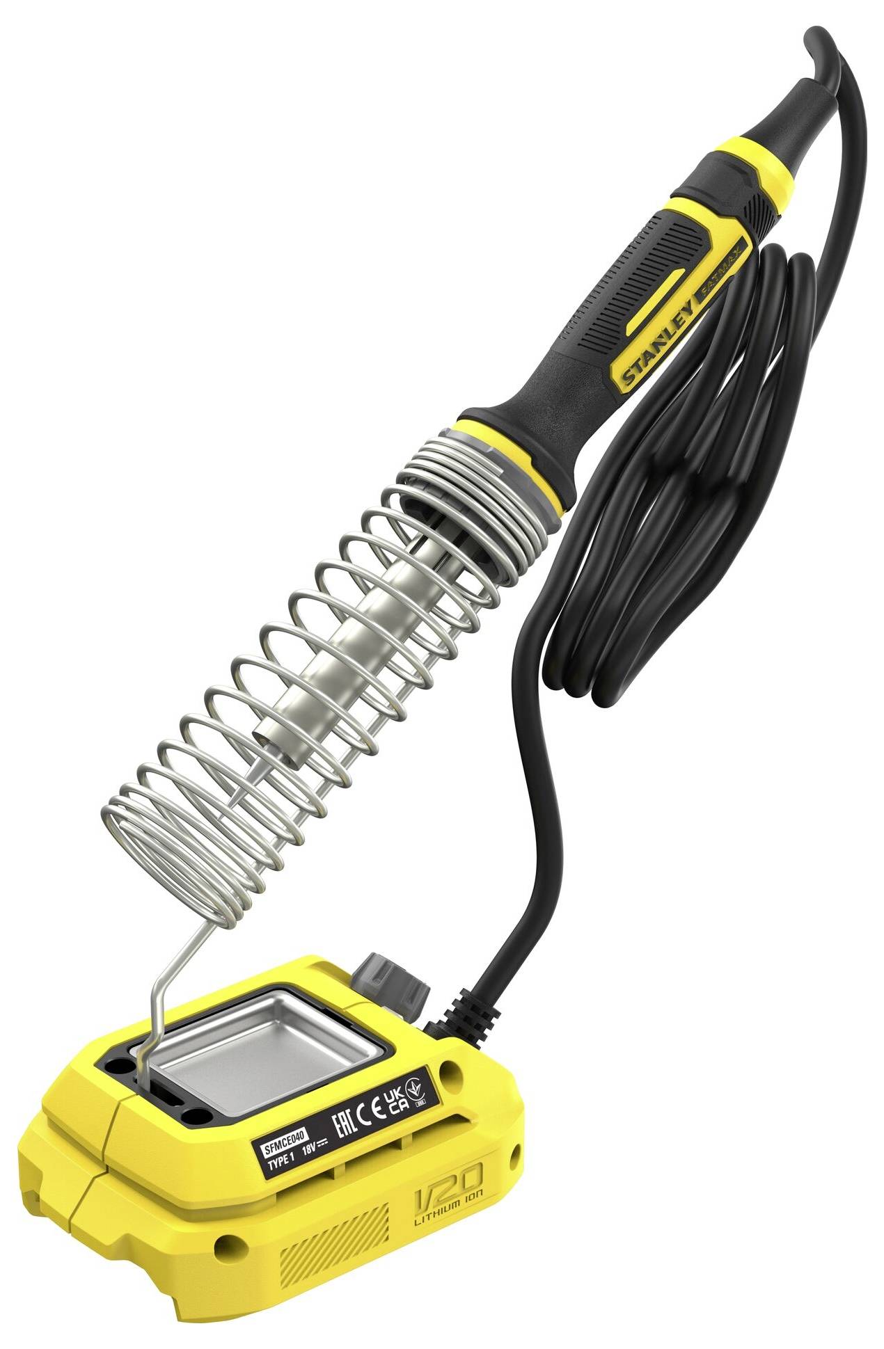 A yellow and black soldering iron set with a metal coil holder and connected power cord, labeled 'Stanley Fatmax' on the handle.