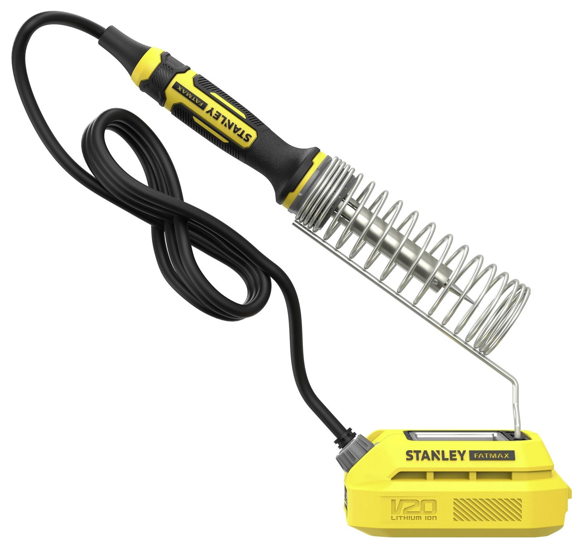 'Safety torch with a yellow and black handle, resting in a coiled metal stand, attached to a yellow Stanley Fatmax 18V battery.'