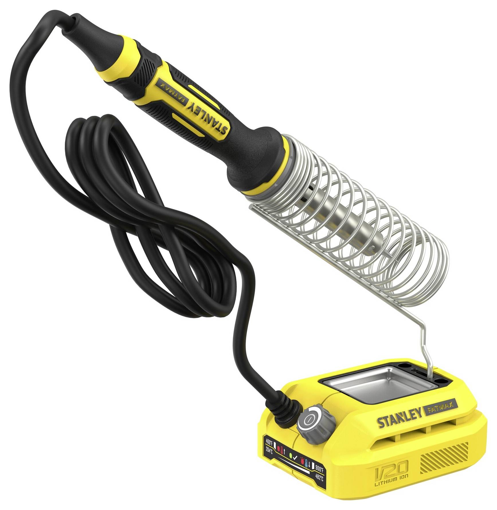 A black and yellow Stanley soldering iron with a coiled metal stand and a power base labeled 'Stanley' with visible controls.