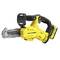 'Stanley FatMax V20' yellow mini chainsaw, black handle and battery, silver blade, battery-powered, designed for lightweight cutting tasks.