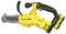 A yellow and black Stanley Fatmax chainsaw with a compact design, featuring a battery pack, ergonomic handle, and safety features.