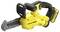 A yellow and black Stanley cordless mini chainsaw designed for easy handling and efficient small tree cutting. It features a safety guard.