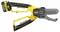 'Stanley FatMax chainsaw lopper' with yellow and black design, features a chain blade for cutting, and a battery pack for cordless operation.