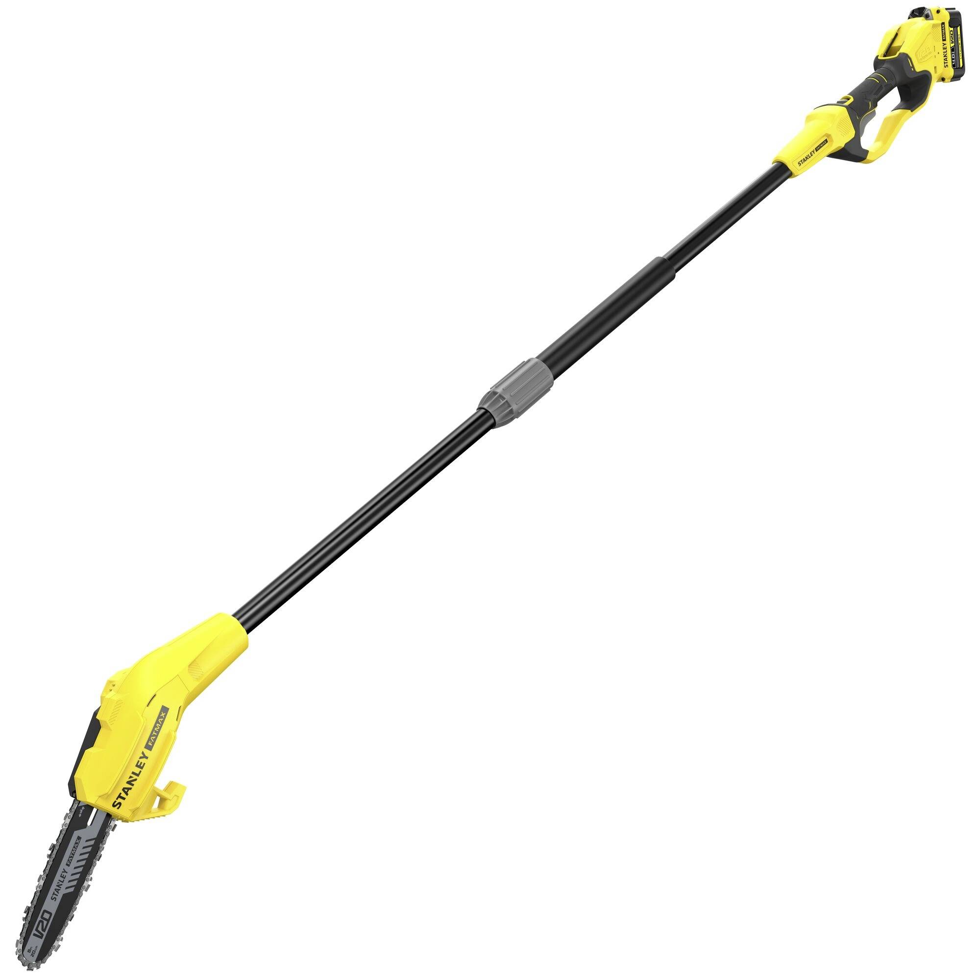 Yellow cordless pole chainsaw with black extension for cutting high branches, featuring a compact blade and ergonomic handle.