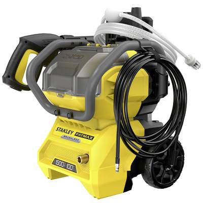 A yellow and black electric pressure washer with a handle and hose, branded 'Stanley Fatmax' and labeled '1500|100B', on wheels.