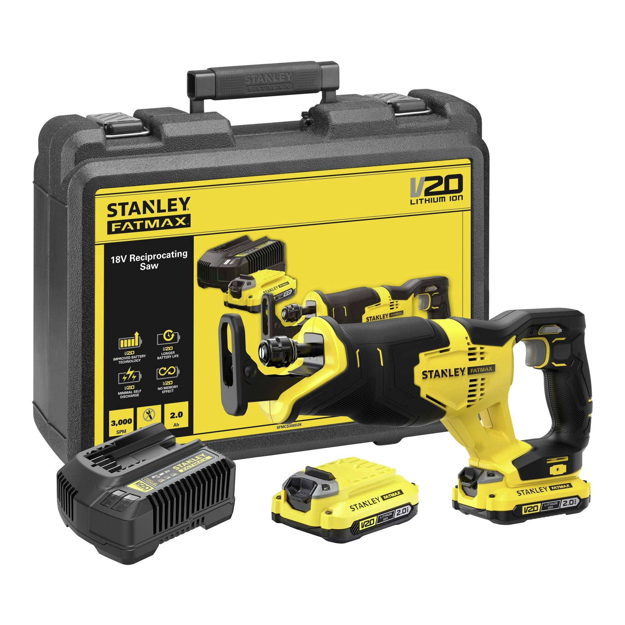 Stanley tool set featuring an 18V reciprocating saw, two batteries, a charger, and a carrying case, all in black and yellow design.