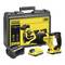Stanley tool set featuring an 18V reciprocating saw, two batteries, a charger, and a carrying case, all in black and yellow design.