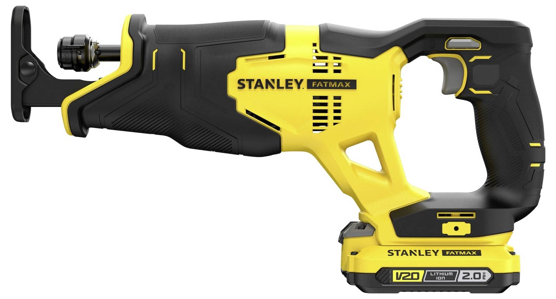 A yellow and black Stanley Fatmax V20 lithium-ion reciprocating saw with a 2.0 Ah battery, showing its ergonomic handle and saw blade attachment.