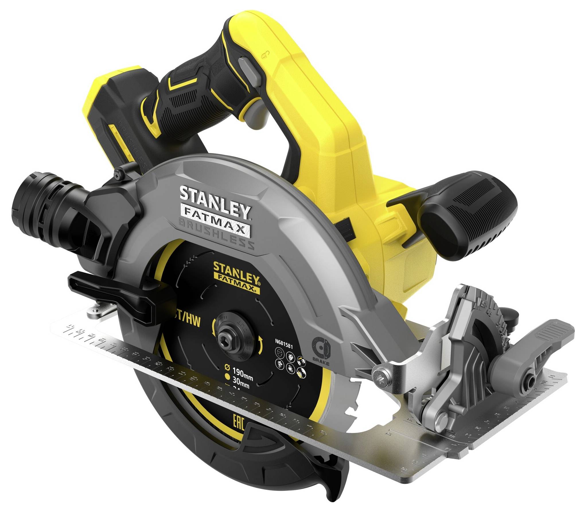 A yellow and black STANLEY FATMAX circular saw with a metal blade, ergonomic handle, and measurement guide for precision cutting tasks.