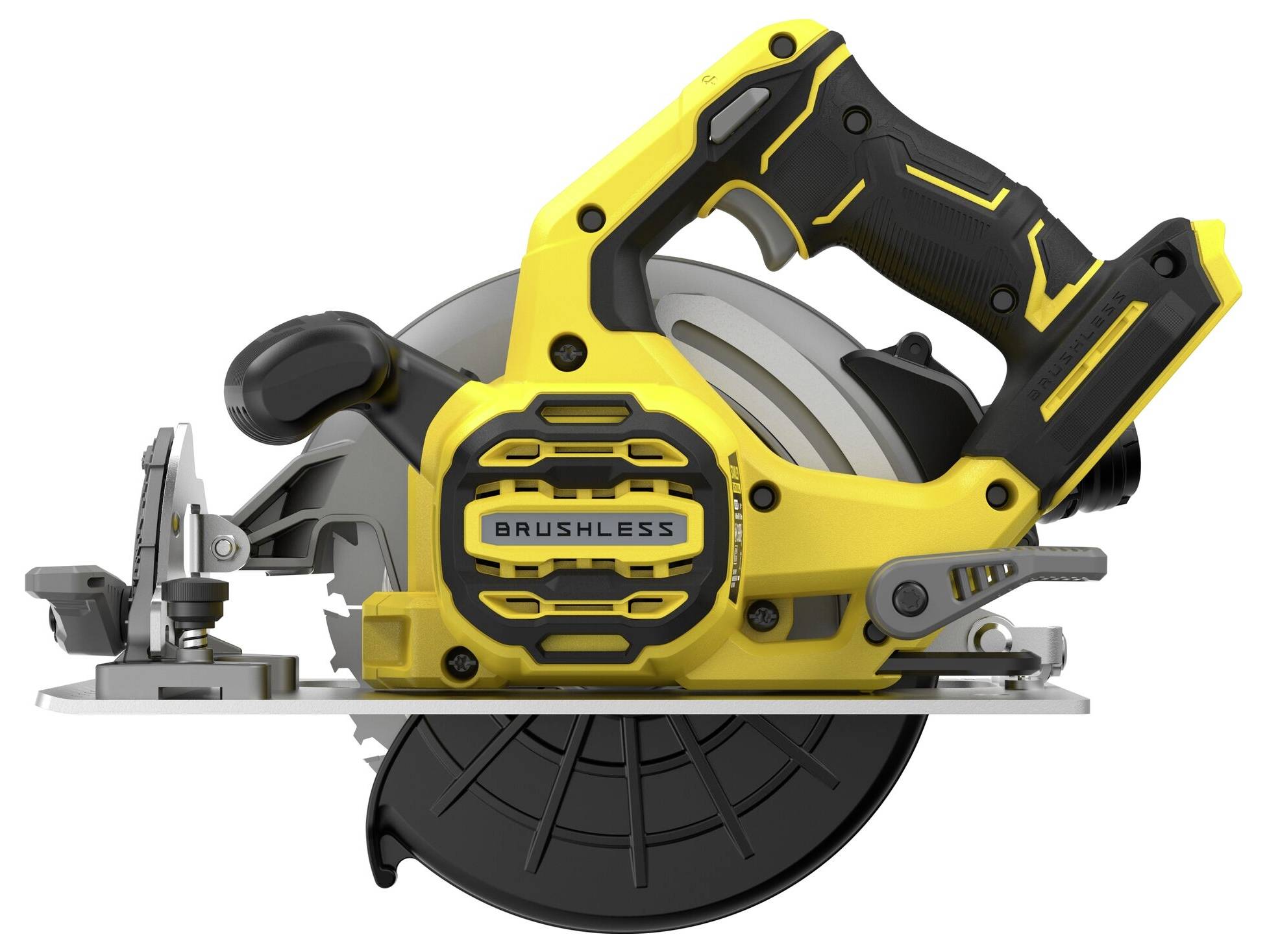 A cordless, brushless circular saw with a yellow and black design, featuring a side handle and blade guard.