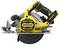 A cordless, brushless circular saw with a yellow and black design, featuring a side handle and blade guard.