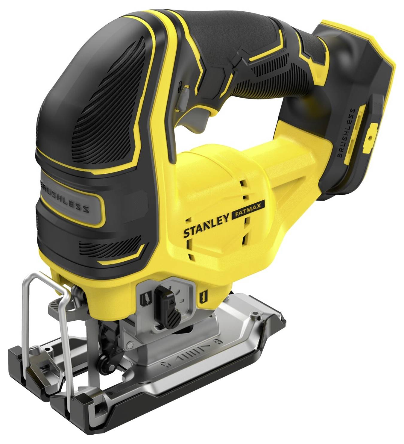 A yellow and black cordless jigsaw with a brushless motor, featuring a grip handle and labeled 'Stanley FatMax'.