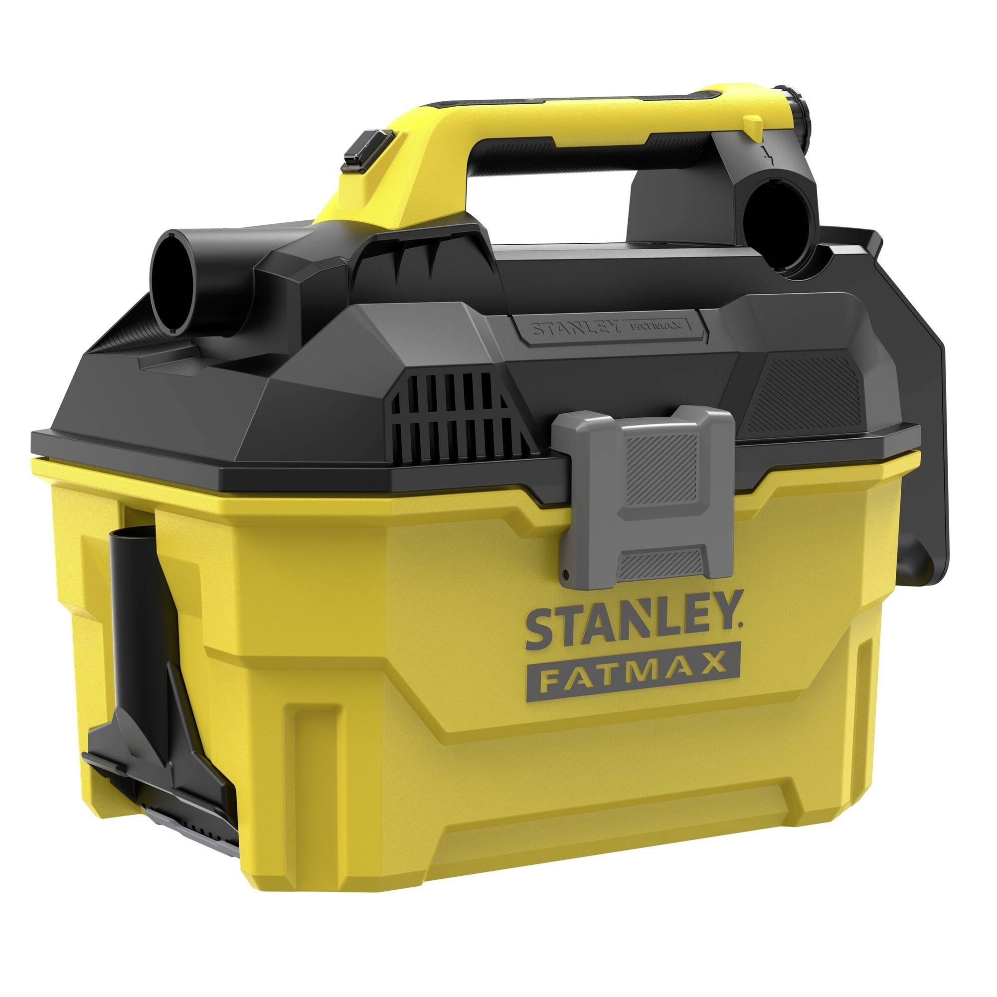 A yellow and black Stanley FATMAX vacuum with a sturdy handle and compact design, suitable for heavy-duty cleaning tasks.