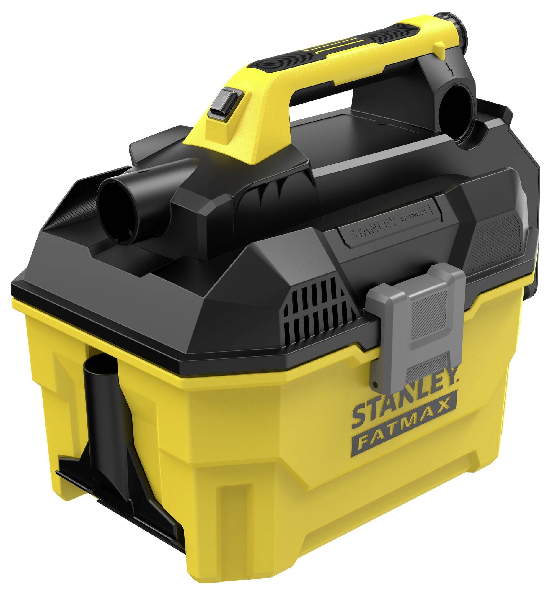 Yellow and black Stanley Fatmax wet/dry vacuum cleaner with a sturdy handle and compact design.