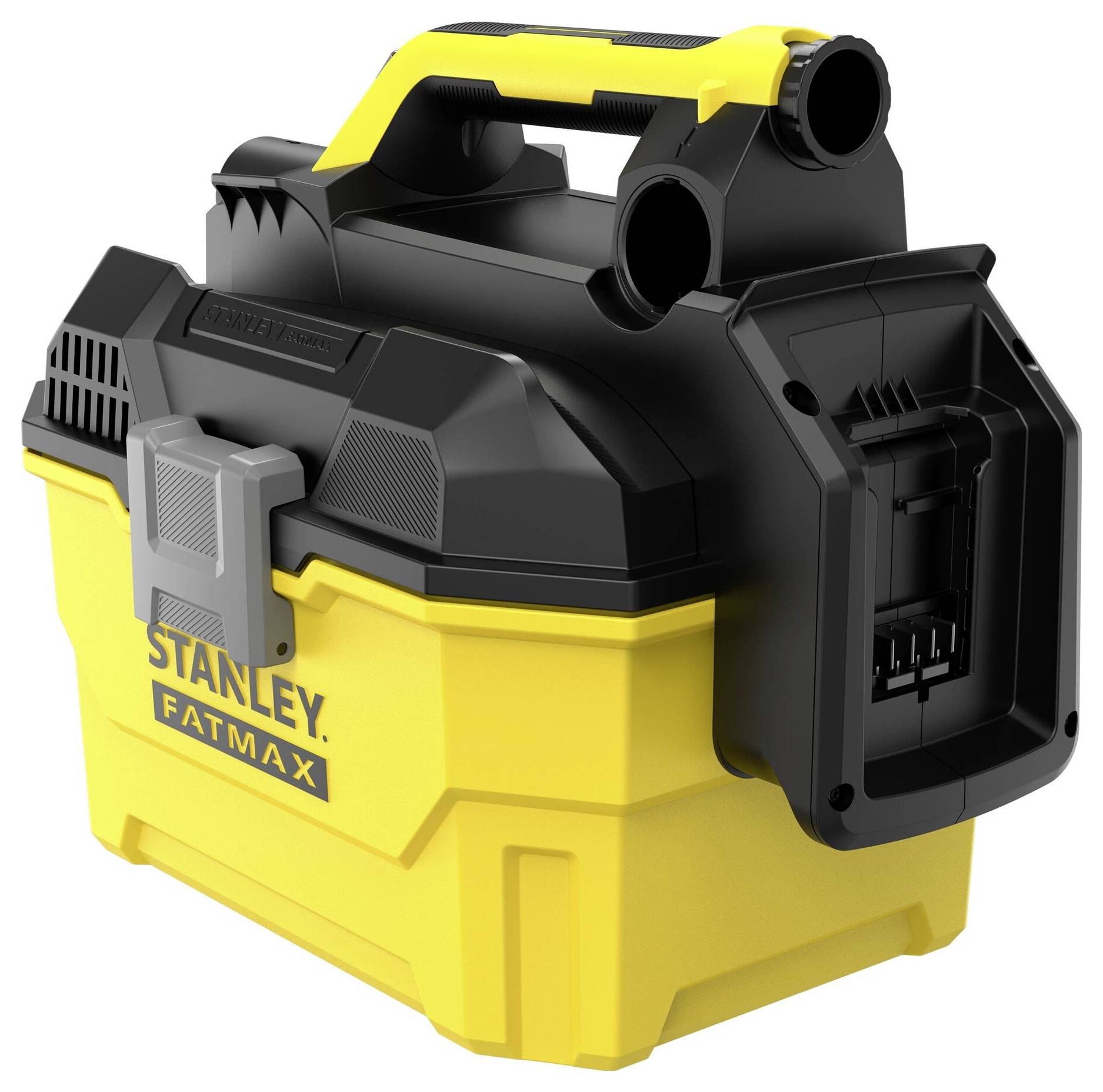 A yellow and black Stanley Fatmax portable vacuum cleaner with a handle, designed for wet and dry use, featuring robust construction.