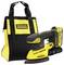 'A Stanley Fatmax cordless sander with its yellow and black design displayed next to a matching tote bag.'