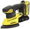 A yellow and black Stanley Fatmax cordless sander with a battery pack, designed for smoothing surfaces, shown in a side view.