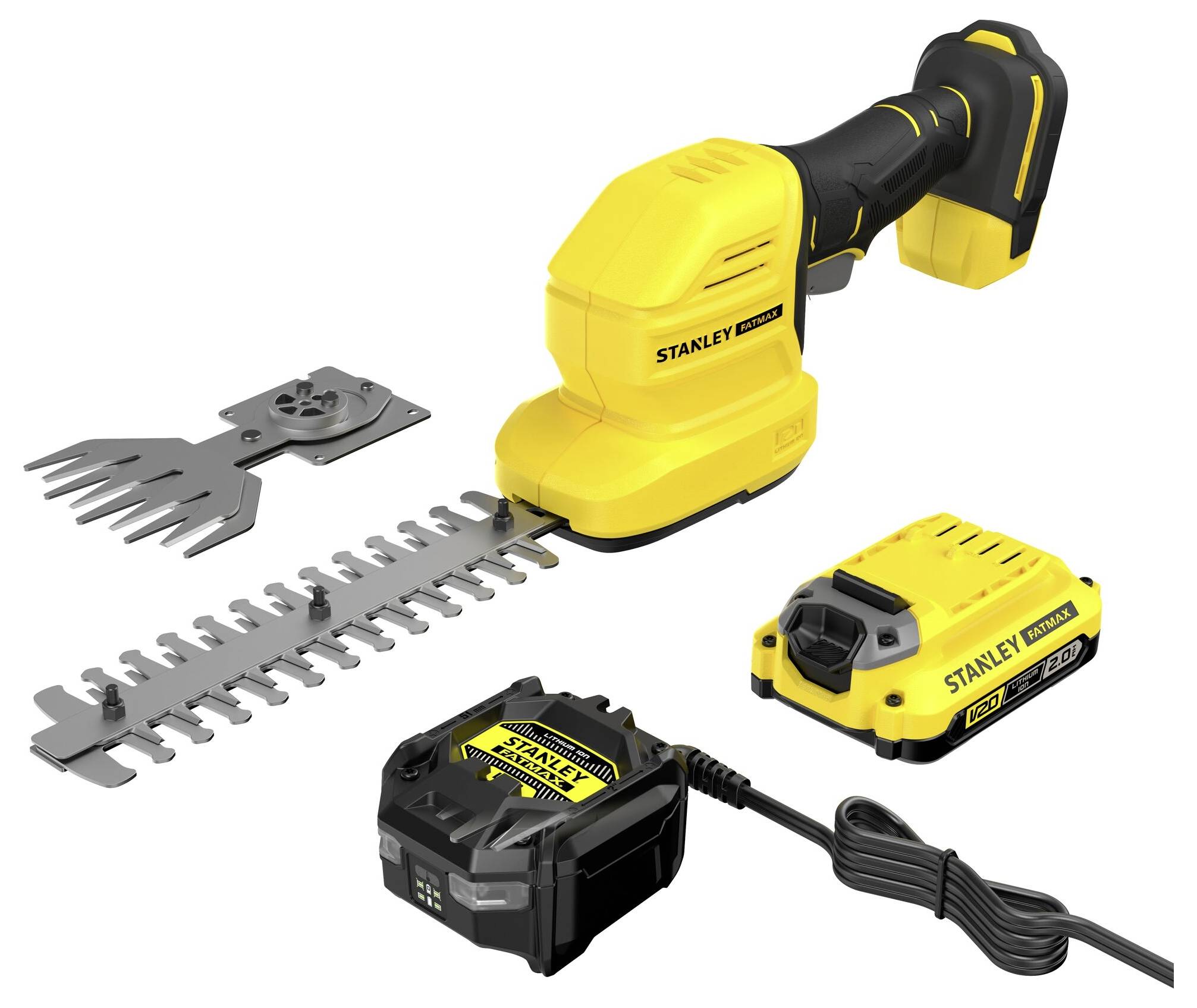 'Yellow Stanley cordless garden shears set with interchangeable blades and rechargeable battery.'