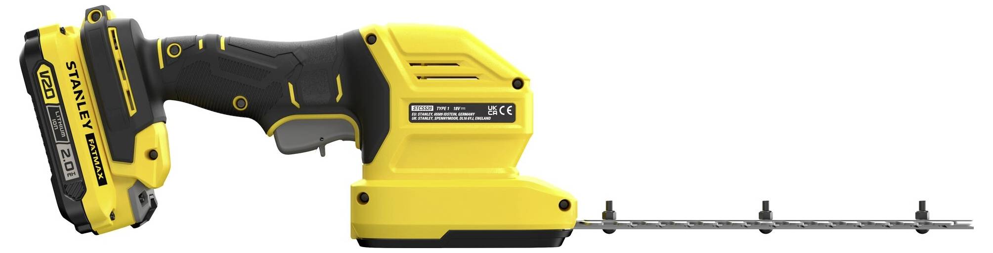 A yellow and black cordless power tool with a long blade, used for trimming hedges, features a battery pack labeled 'Stanley 18V'.