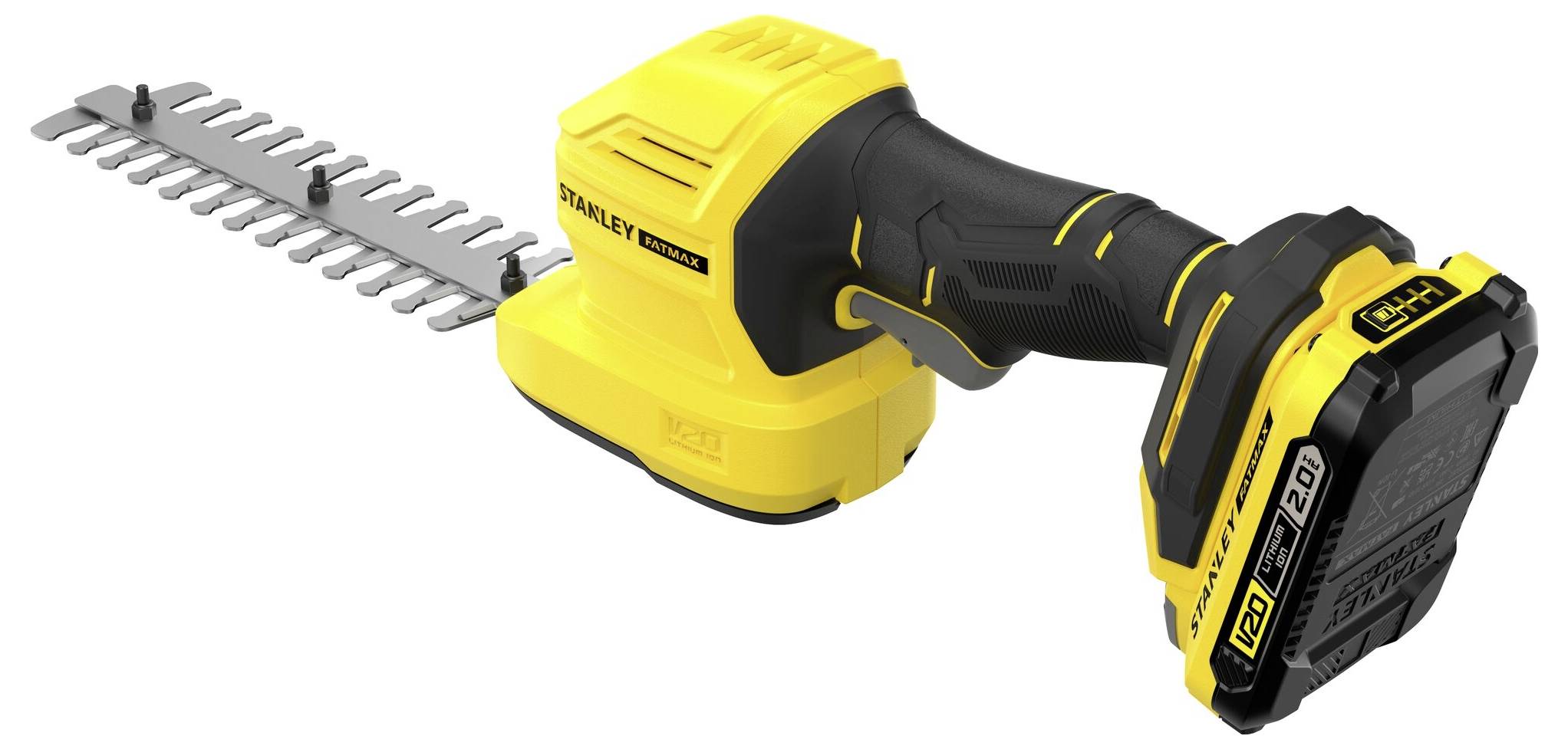 A yellow and black battery-powered handheld hedge trimmer with a sharp blade, suitable for trimming shrubs and small hedges.