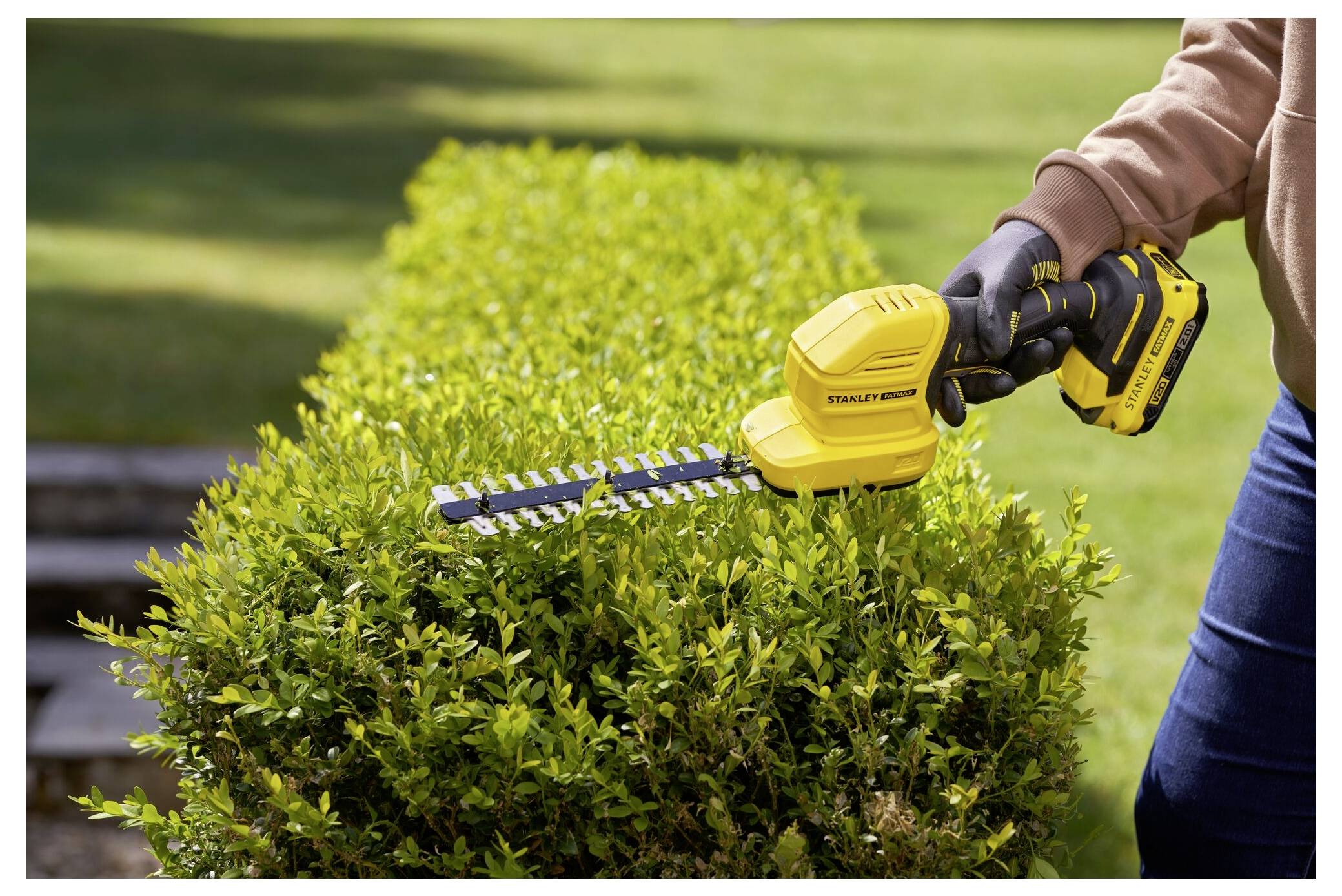 A person trims a green bush outdoors using a yellow cordless hedge trimmer, demonstrating garden maintenance.
