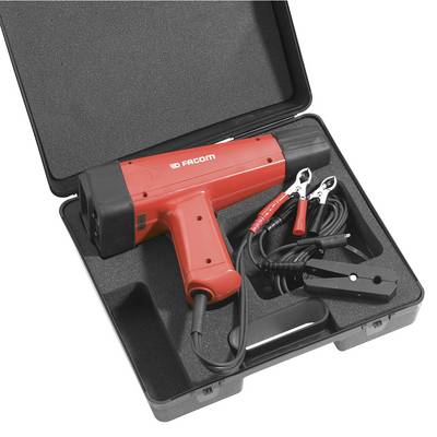 A red timing gun with cables, placed in a black carrying case, used for adjusting engine timing in vehicles.