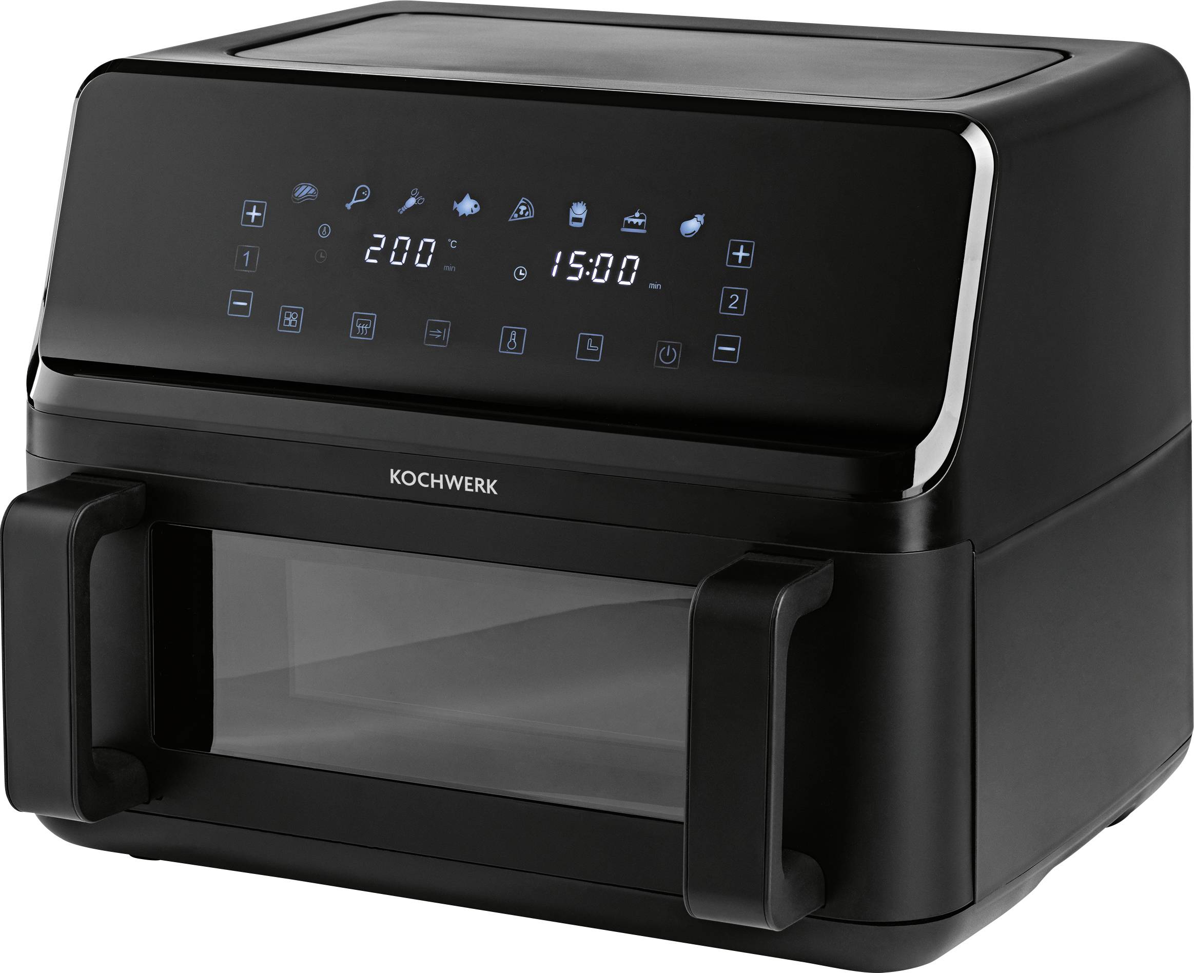 'Kochwerk' branded black air fryer with a digital control panel displaying temperature '200°C' and time '15:00'.
