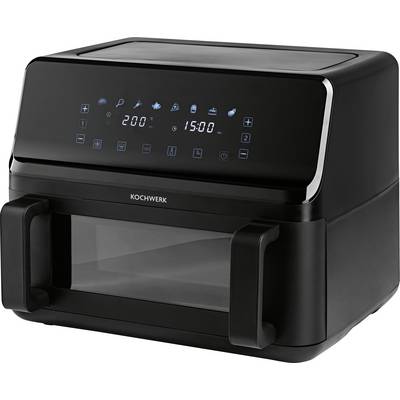 'Kochwerk' branded black air fryer with a digital control panel displaying temperature '200°C' and time '15:00'.