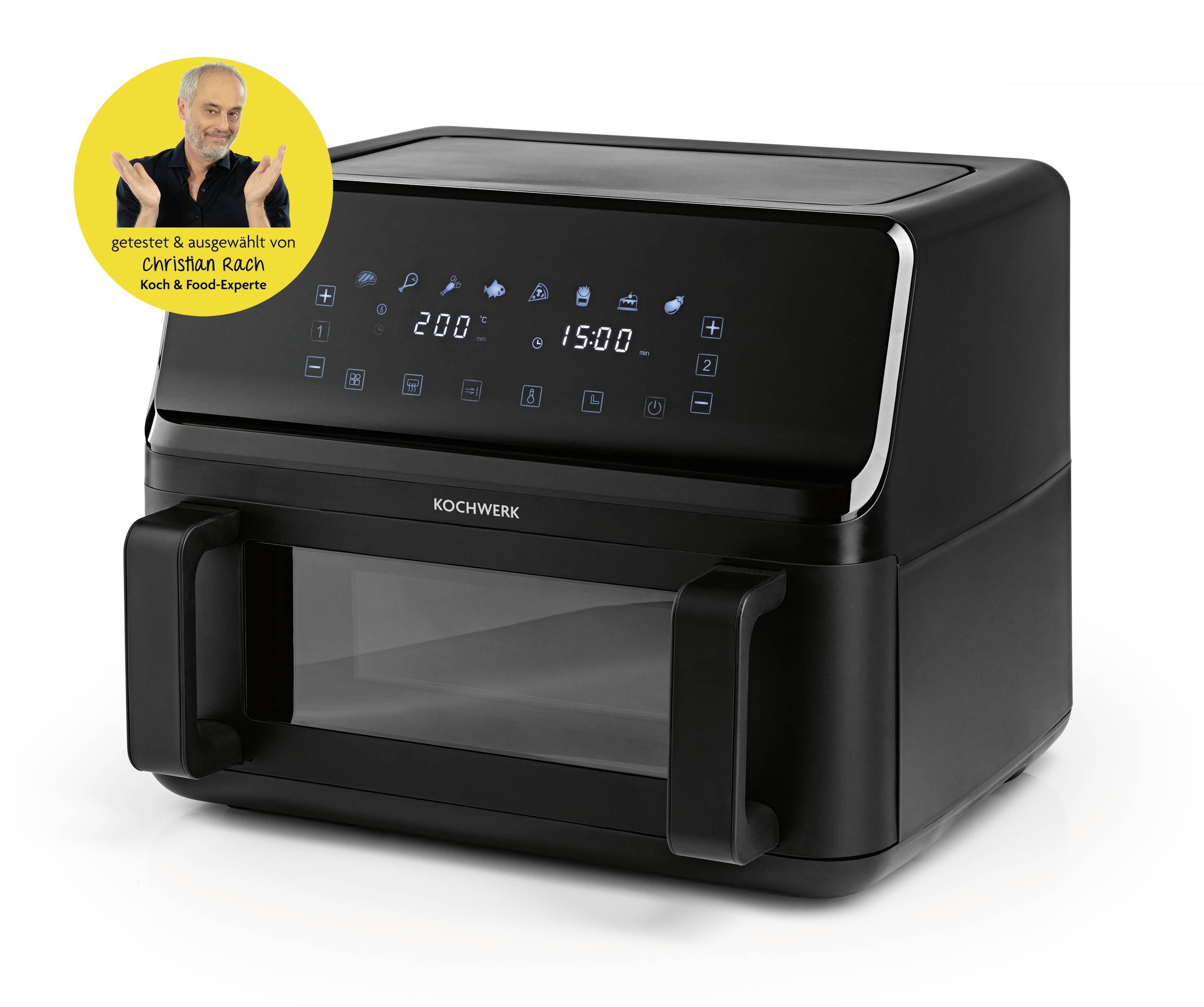 A black countertop oven with digital controls on the front, featuring a yellow badge with a person and the text 'getestet & ausgewählt von Christian Rach'.