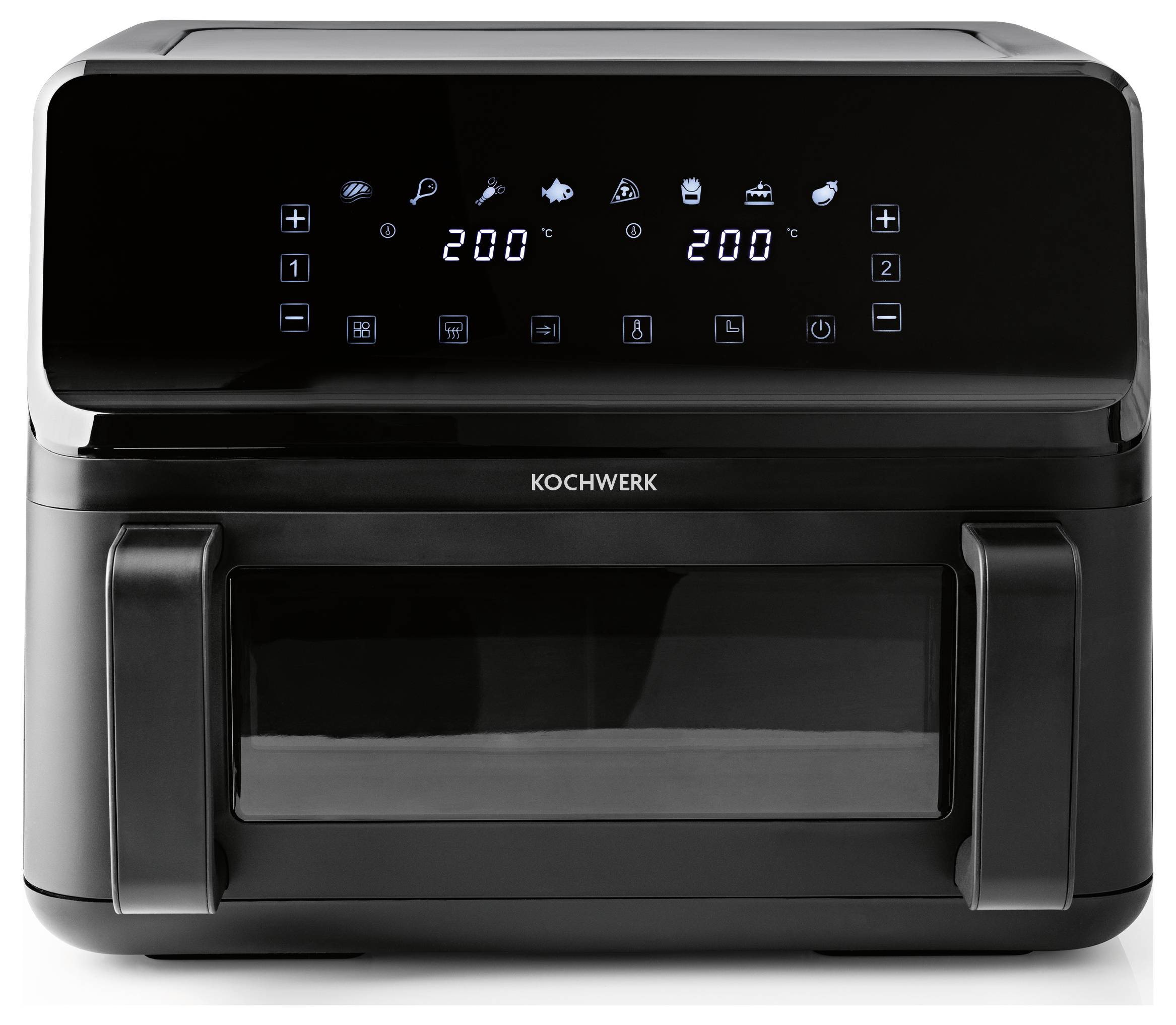 A black digital air fryer with a touchscreen displaying temperature and cooking time settings. The brand name is visible on the front.