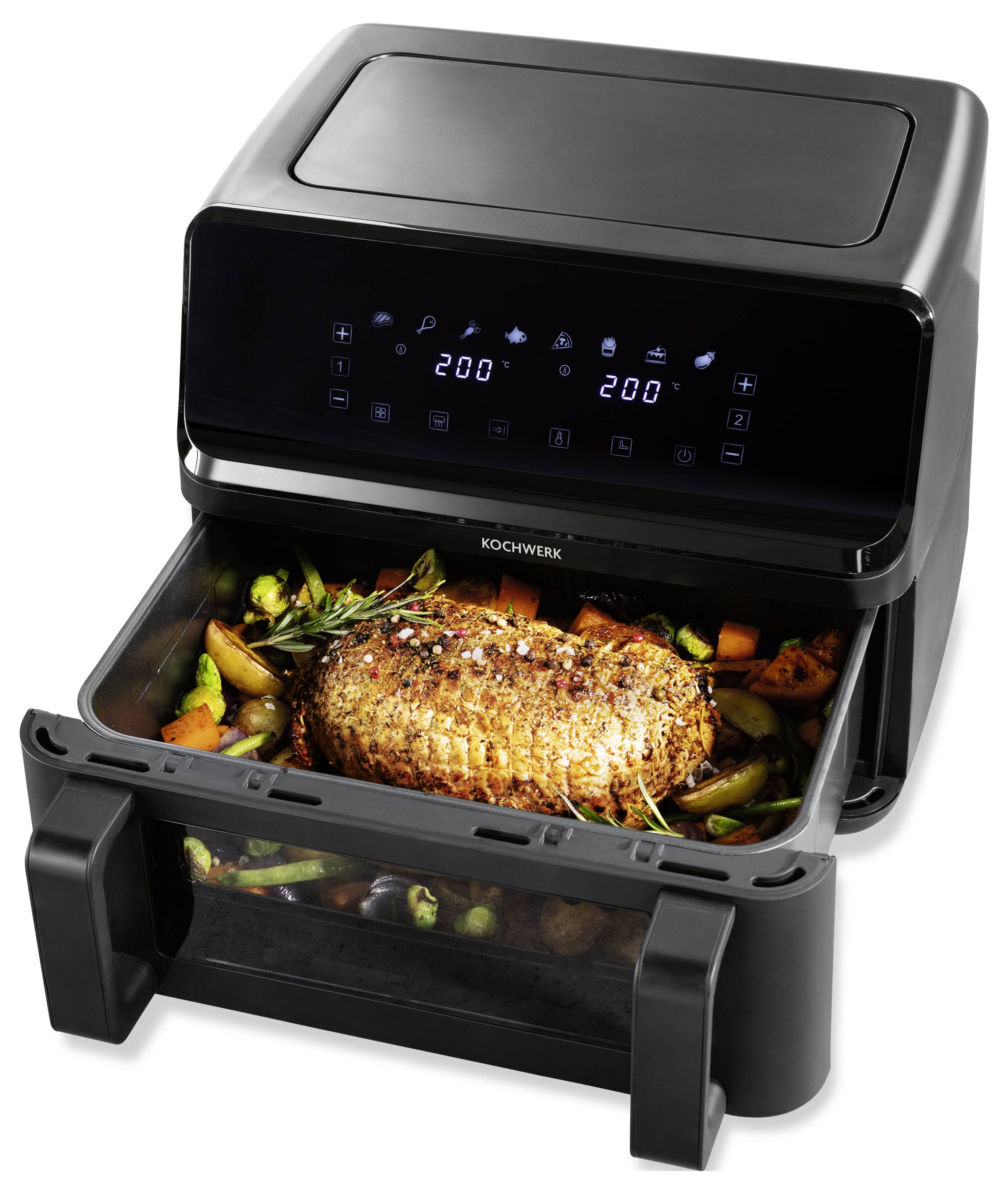 A digital air fryer with a cooked roast and vegetables in the open tray. Temperature set to 200°C on the display panel.