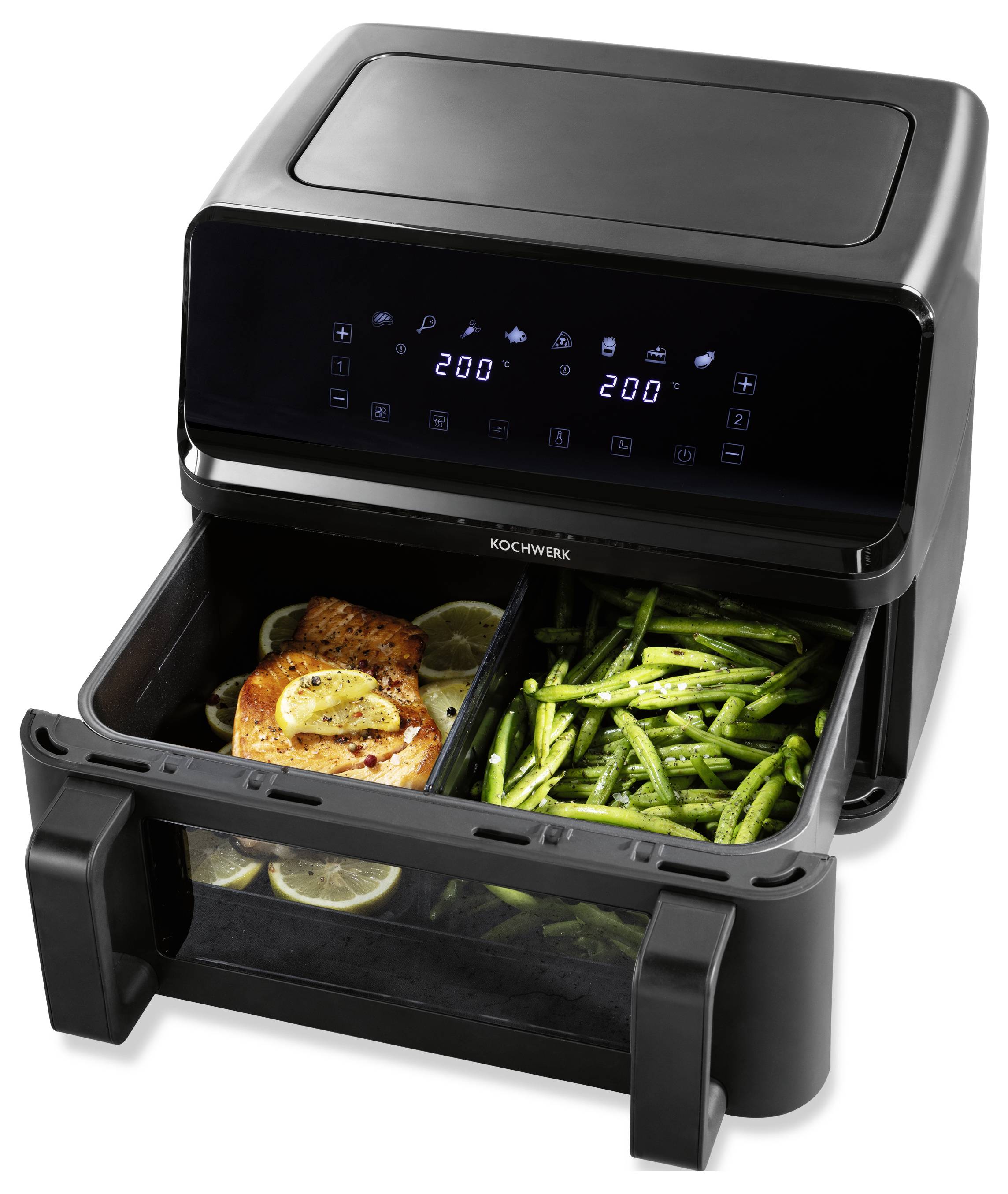 A dual-compartment air fryer cooking salmon with lemon slices in one section and green beans in the other, set to 200 degrees Celsius.