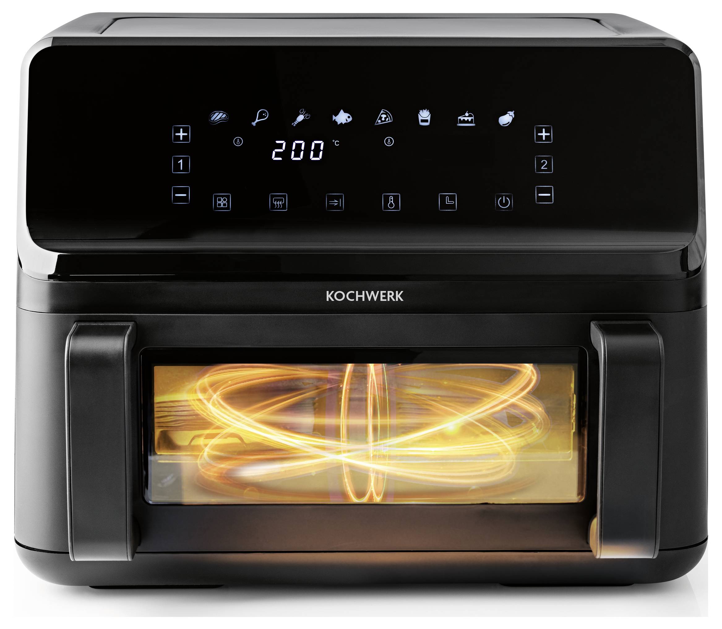 A digital air fryer oven showing a touchscreen with various cooking options and a temperature of 200 degrees. The interior is lit, showing swirling heat patterns.