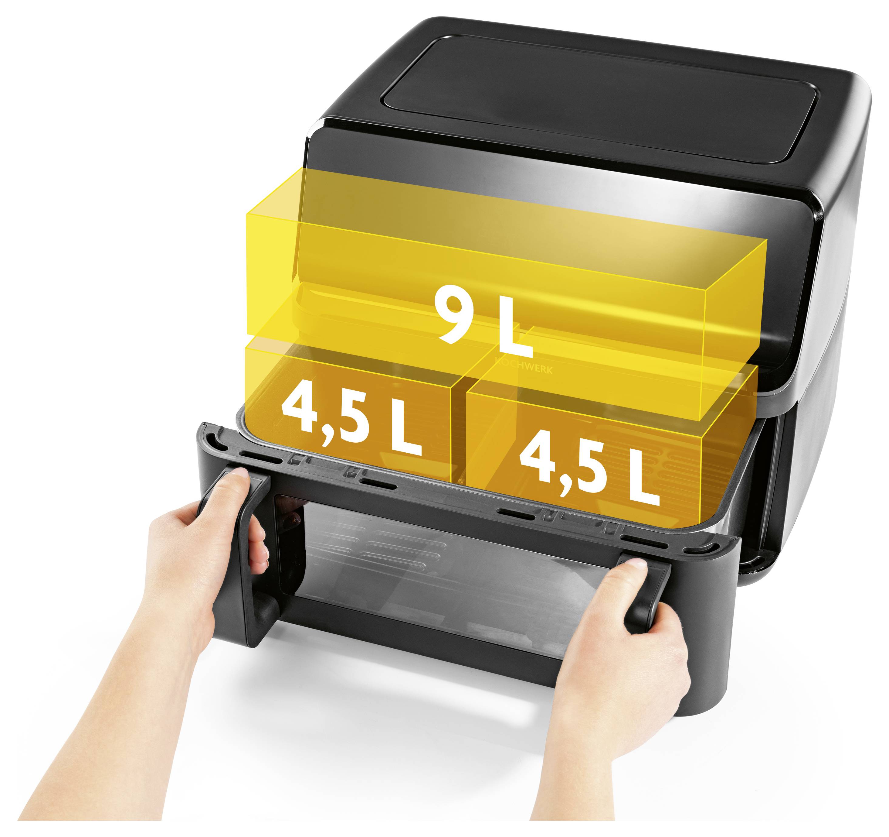 A person's hands opening a bin with three compartments labeled '9L', '4.5L', and '4.5L', indicating a modular storage system.